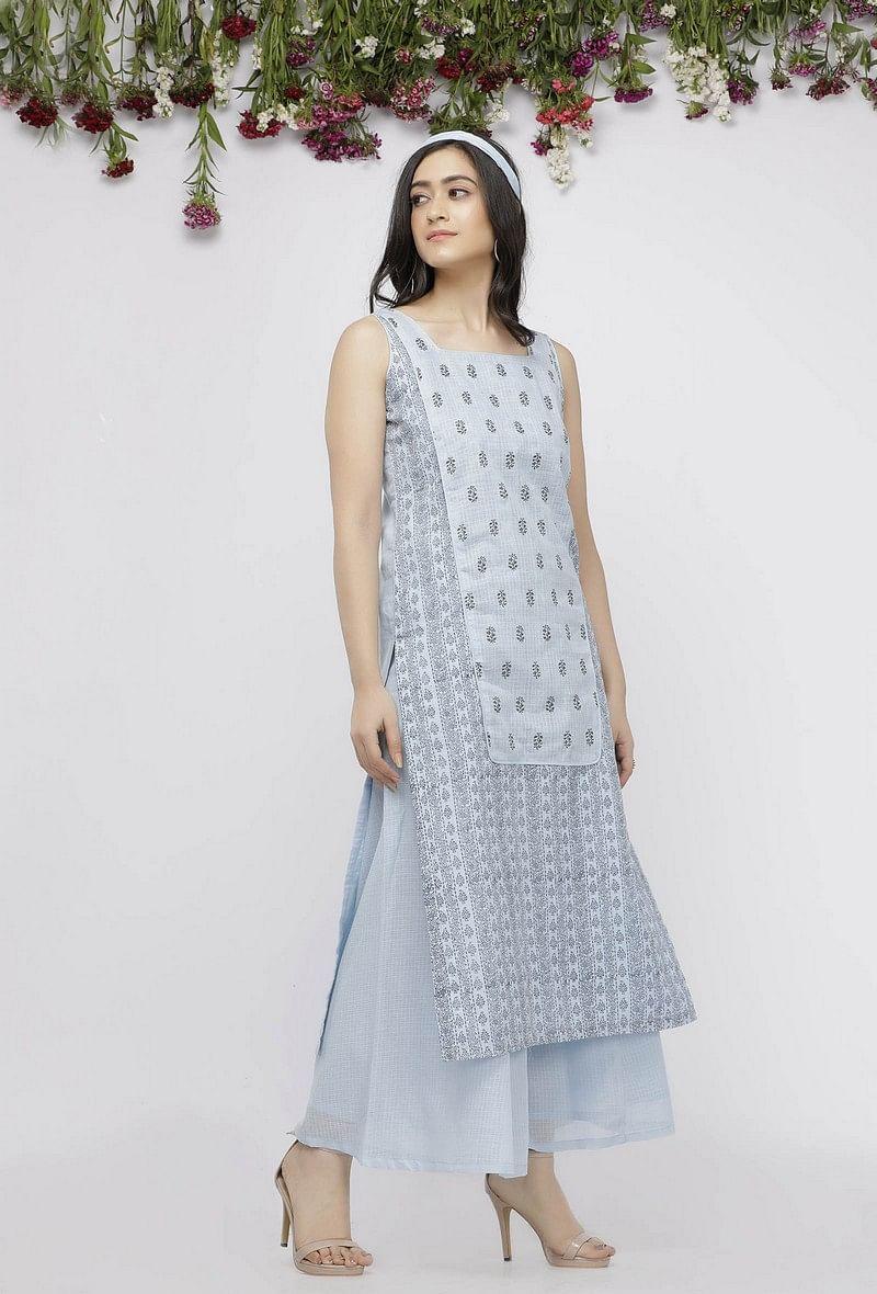 set of 2 : blue kota hand-block printed kurta and blue cotton pallazo