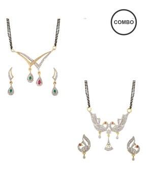 set of 2 american diamond mangalsutra pendant with chain & earings