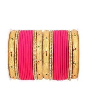 set of 2 gold-plated floral meenakari stone-studded bangles