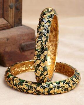 set of 2 gold plated leaf printed bangles