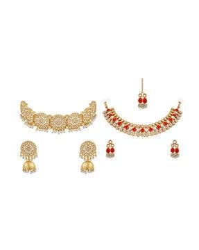 set of 2 kundan-studded choker necklace & earrings set