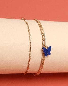 set of 2 link chain anklets with butterfly charms