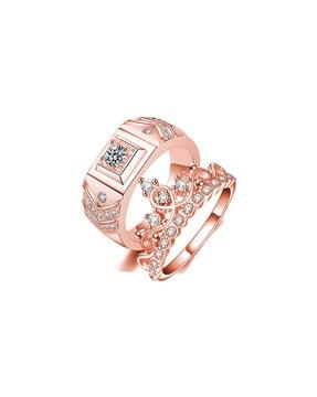 set of 2 rose gold-plated american diamond-studded rings