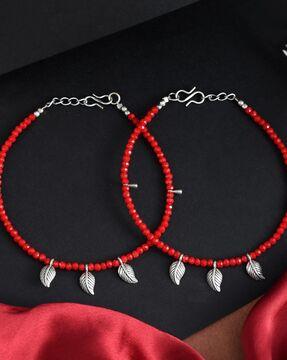 set of 2 silver-plated leaf & beaded anklets with s-hook closure