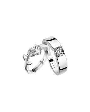 set of 2 silver-plated stone-studded couple rings