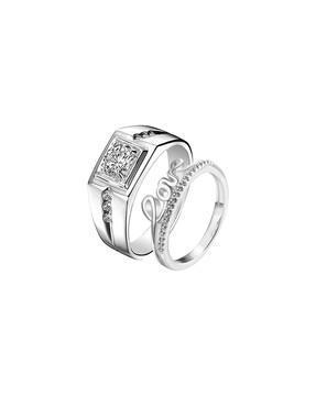 set of 2 silver-plated stone-studded couple rings