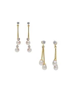 set of 2 women gold-plated pearl drop earrings