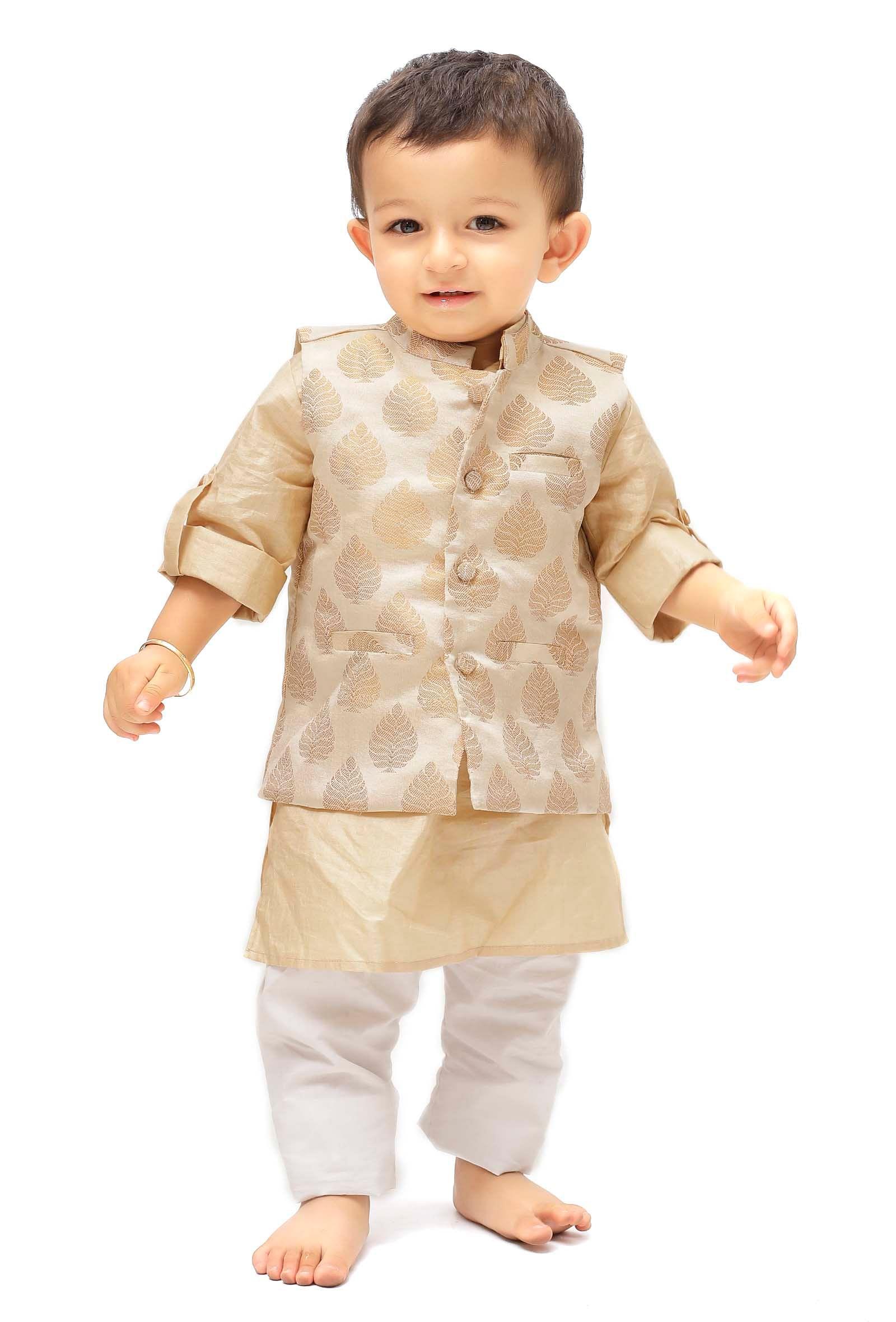 set of 3: beige brocade nehru jacket and cotton silk kurta pyjama