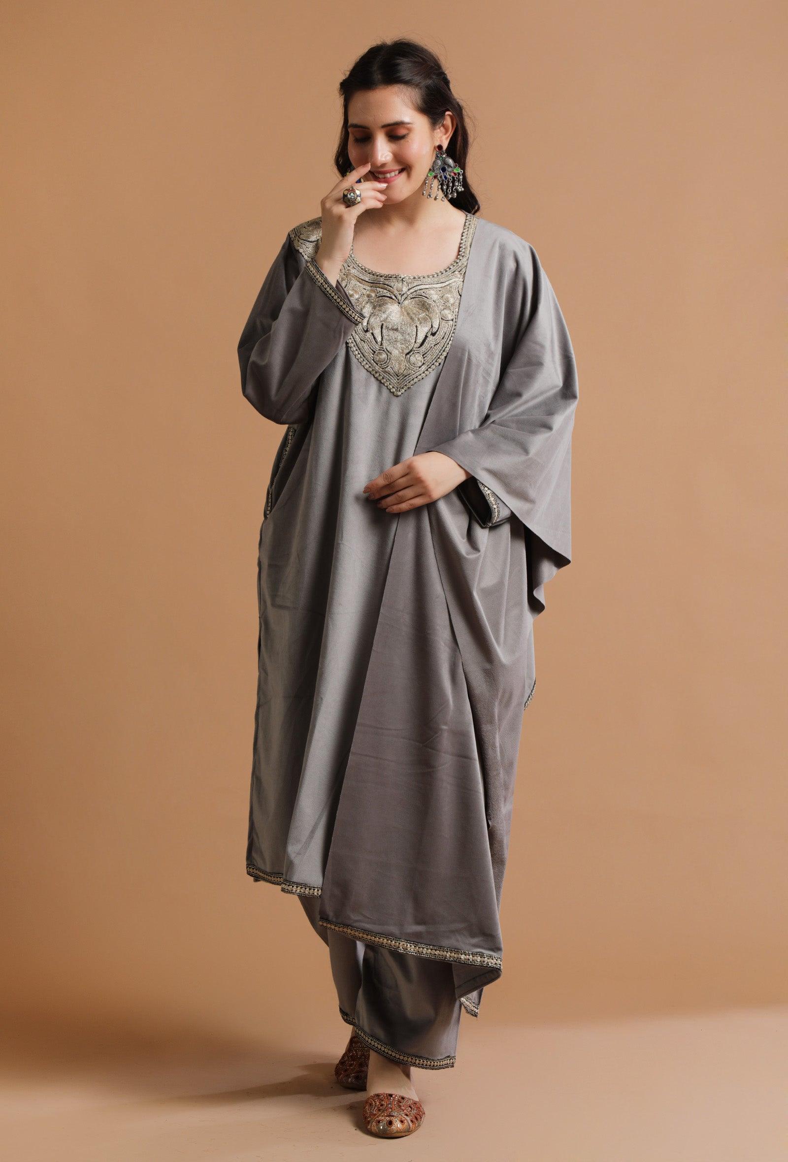 set of 3: grey kashmiri tilla embroidery phiran with pant and dupatta-free size