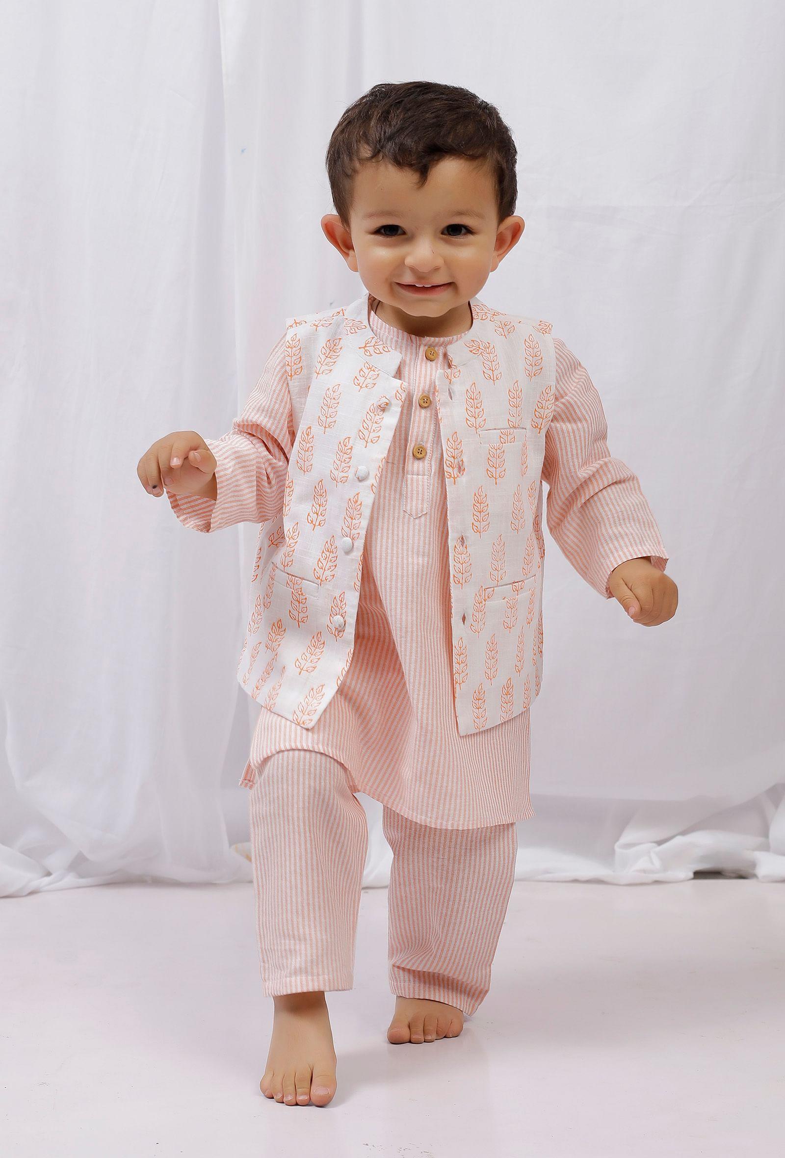 set of 3: orange striped cotton kurta and pajama with orange block printed nehru jacket