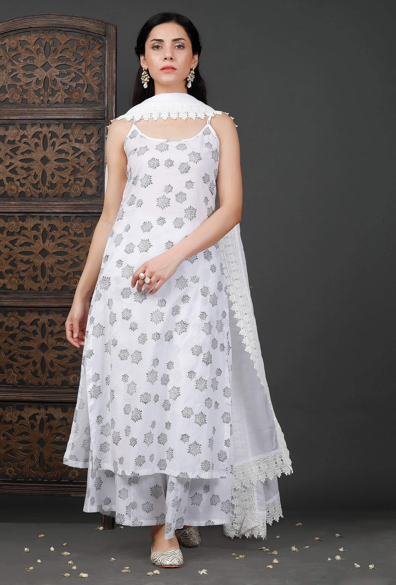 set of 3: printed white kurta, culottes and white cotton dupatta