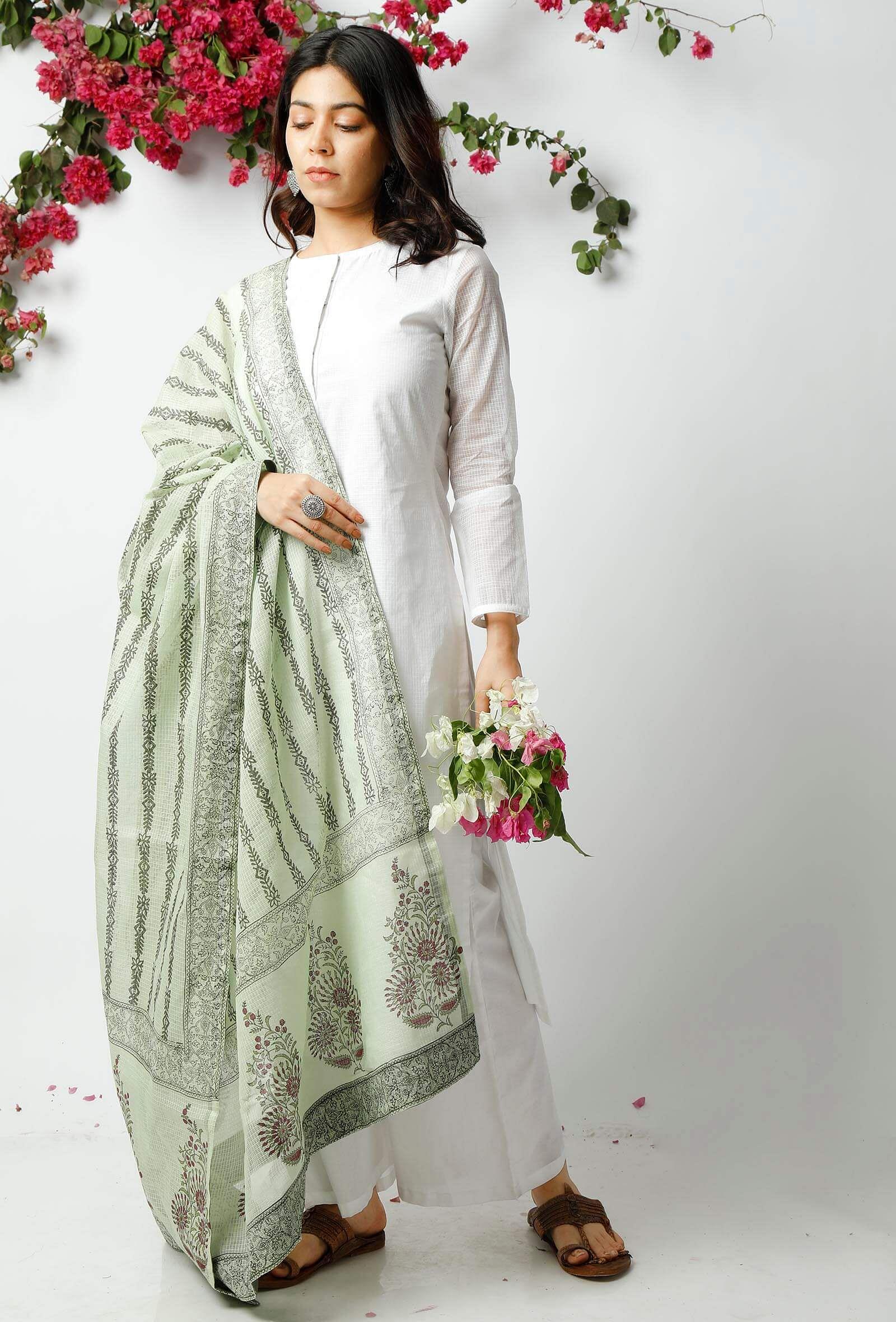 set of 3: the tasteful light green kota dupatta matched with the flawless white kota kurta and white pant