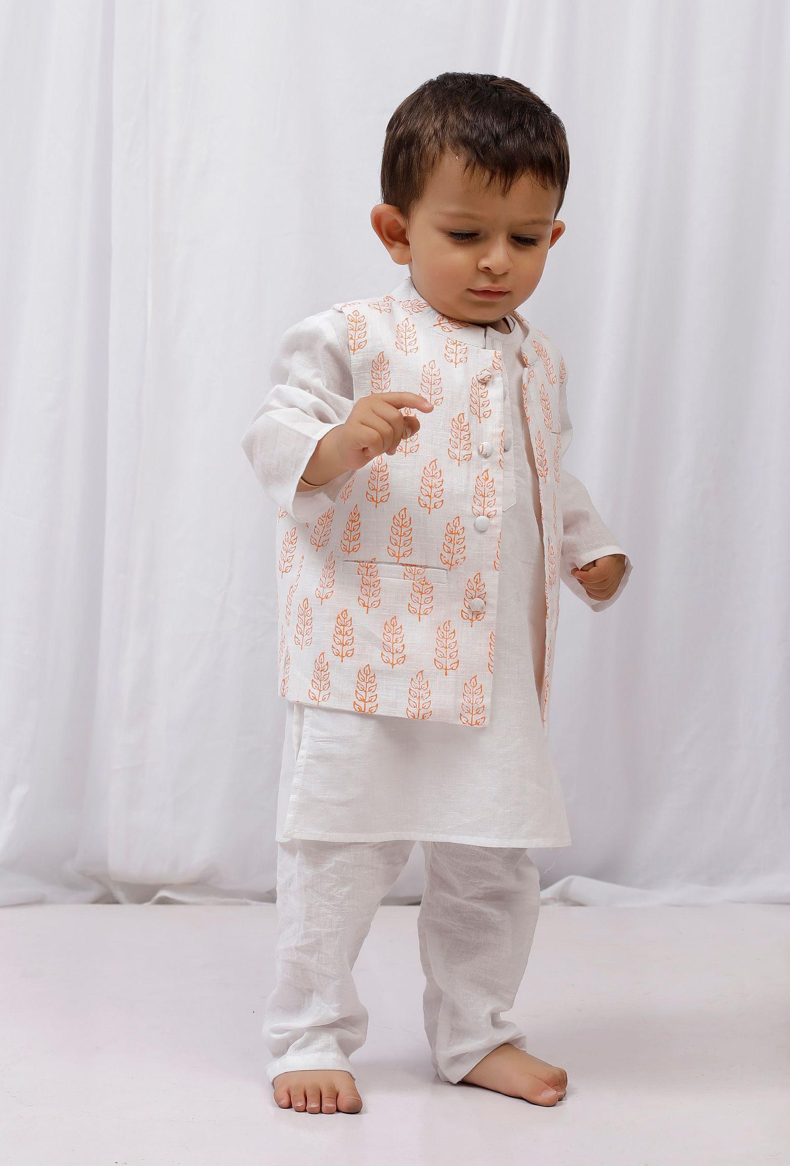 set of 3: white cotton kurta, pajama & orange hand block printed nehru jacket