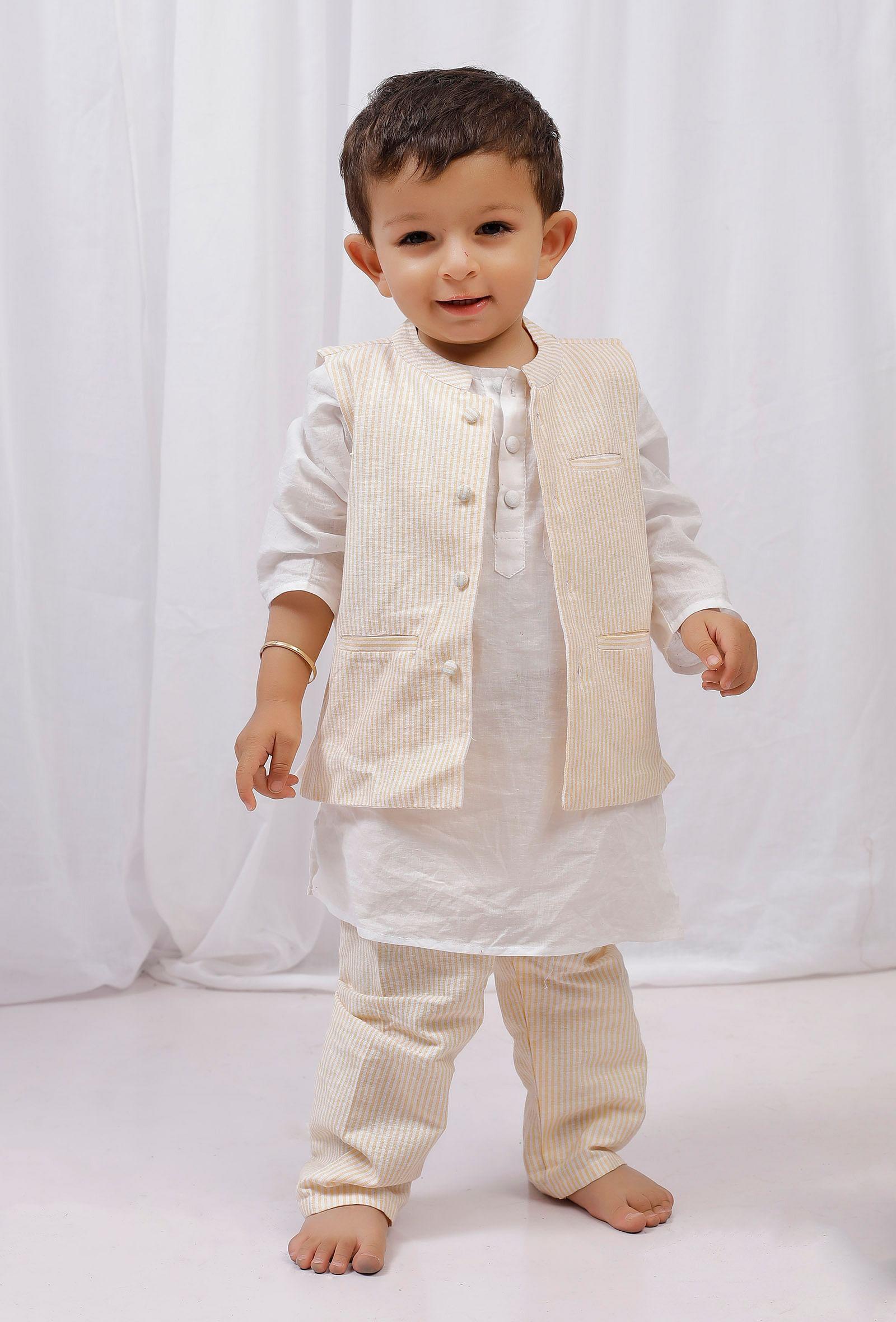 set of 3: white cotton kurta and pajama with yellow striped nehru jacket