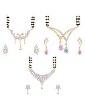 set of 3 american diamond mangalsutra pendant with chain & earings