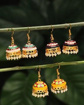 set of 3 gold-plated beaded jhumkas