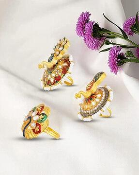 set of 3 peacock gold-plated kundan-studded cocktail ring