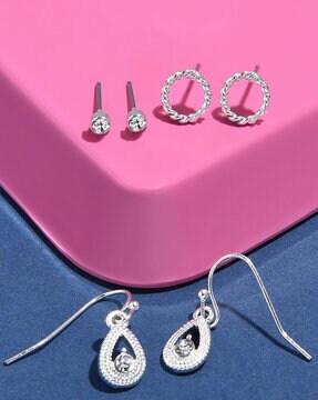 set of 3 silver-plated crystal-studded hoop earrings