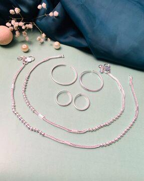 set of 4 rose gold-plated beaded anklets with toe-rings