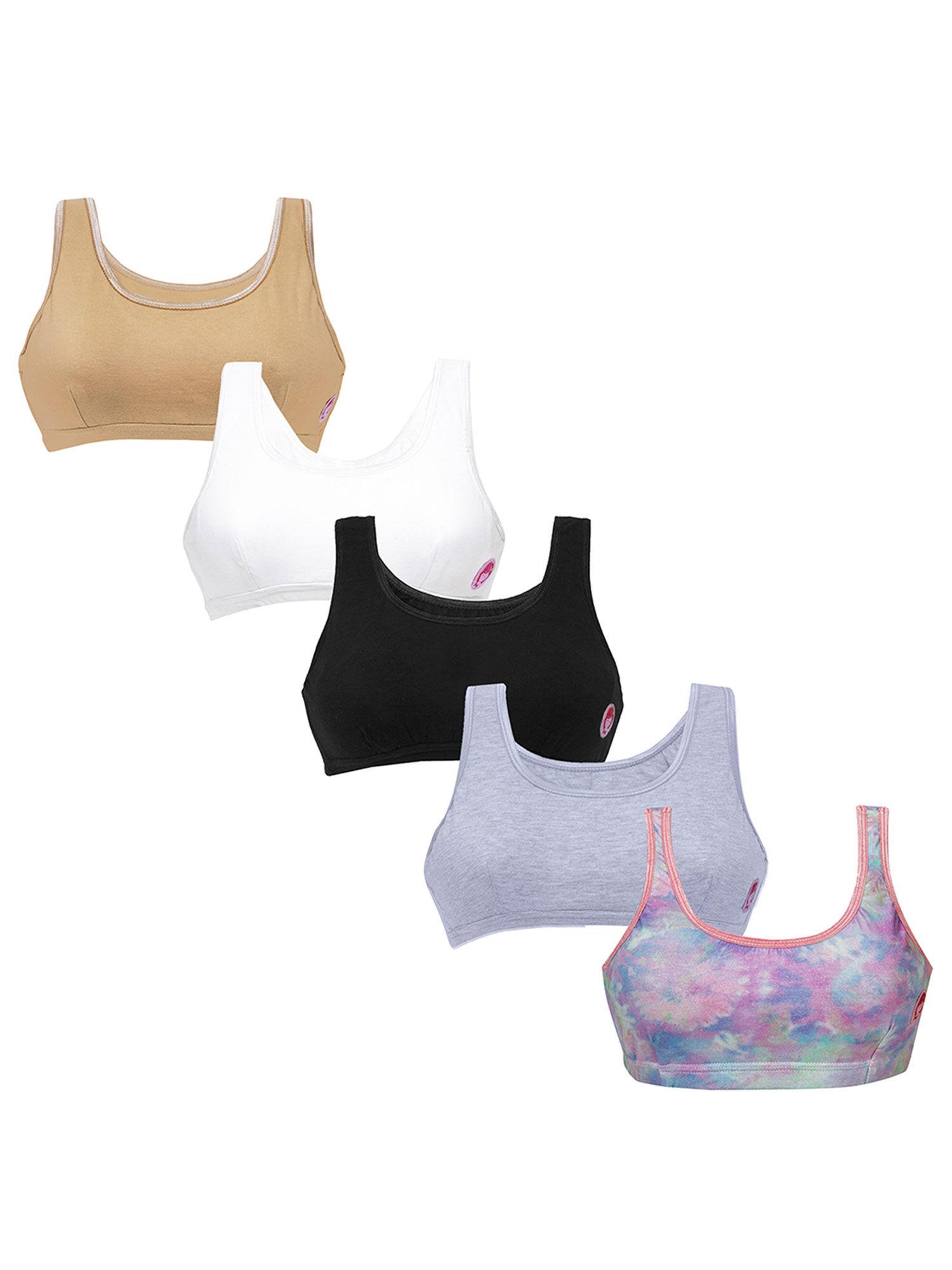 set of 5- 1 lavender tie & die print & 4 basic colors beginners bras for girls