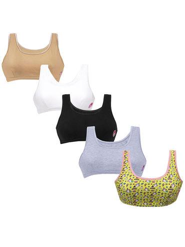 set of 5- 1 yellow unicorn print & 4 basic colors beginners bras for girls