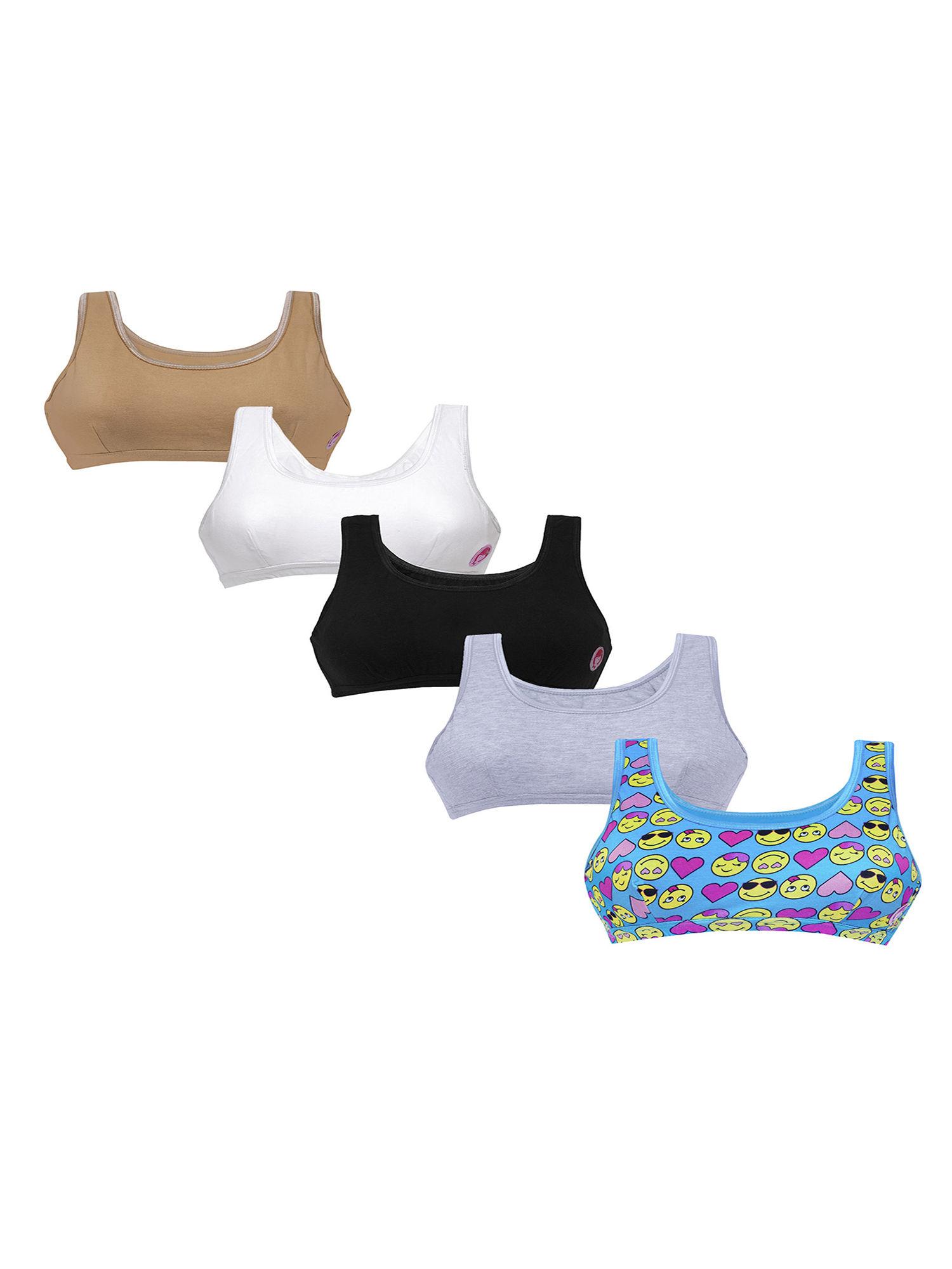 set of 5 smiley print & 4 basic colors beginner bras for girls