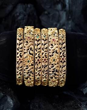 set of 6 gold-plated kempu stone-studded bangles