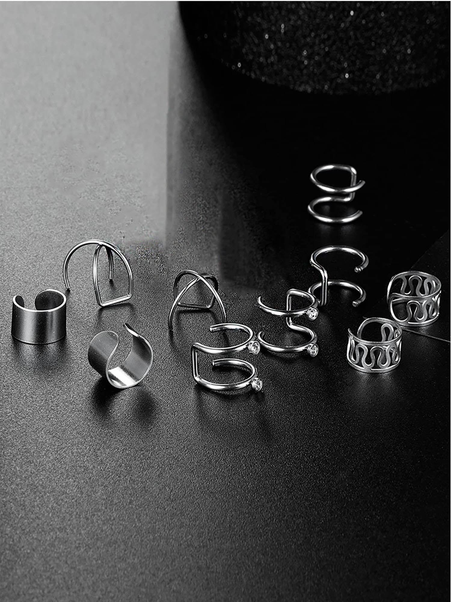 set of 6 pairs stylish silver-toned steel ear cuffs (pack of 6)