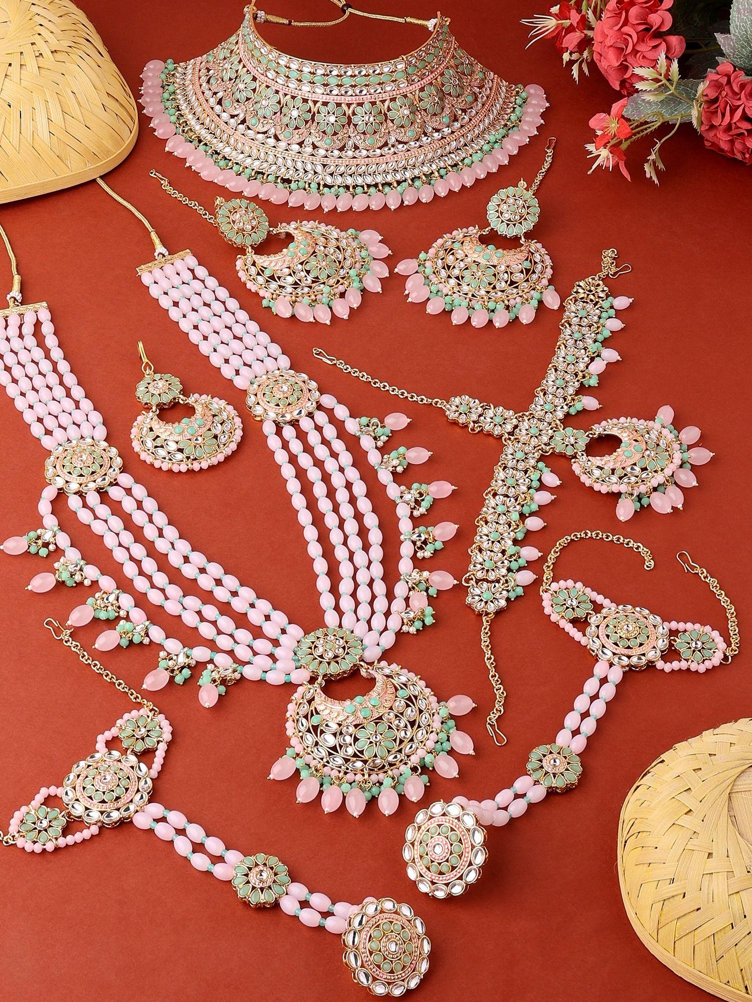 set of 6 pink green bridal necklace earring mathapatti & hand harness set-zpfk14838