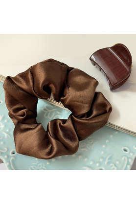 set of two brown satin scrunchie western hair tie & hair clutch