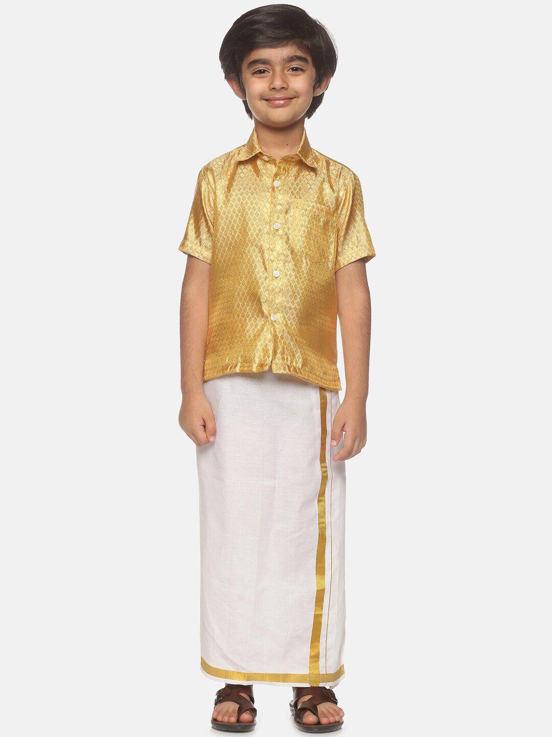 sethukrishna boys golden & white shirt with dhoti
