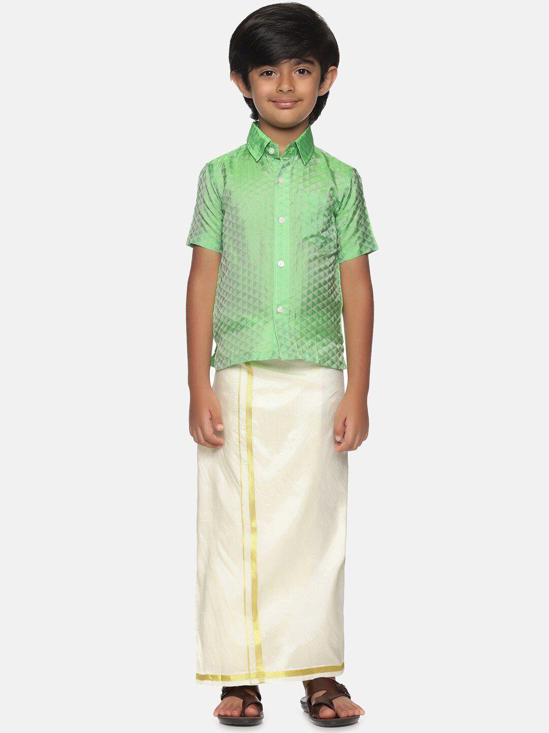 sethukrishna boys green & off white shirt with dhoti