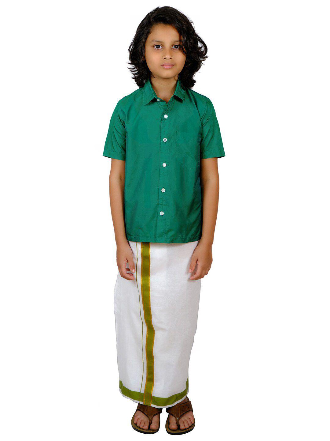 sethukrishna boys green & white solid shirt with dhoti set