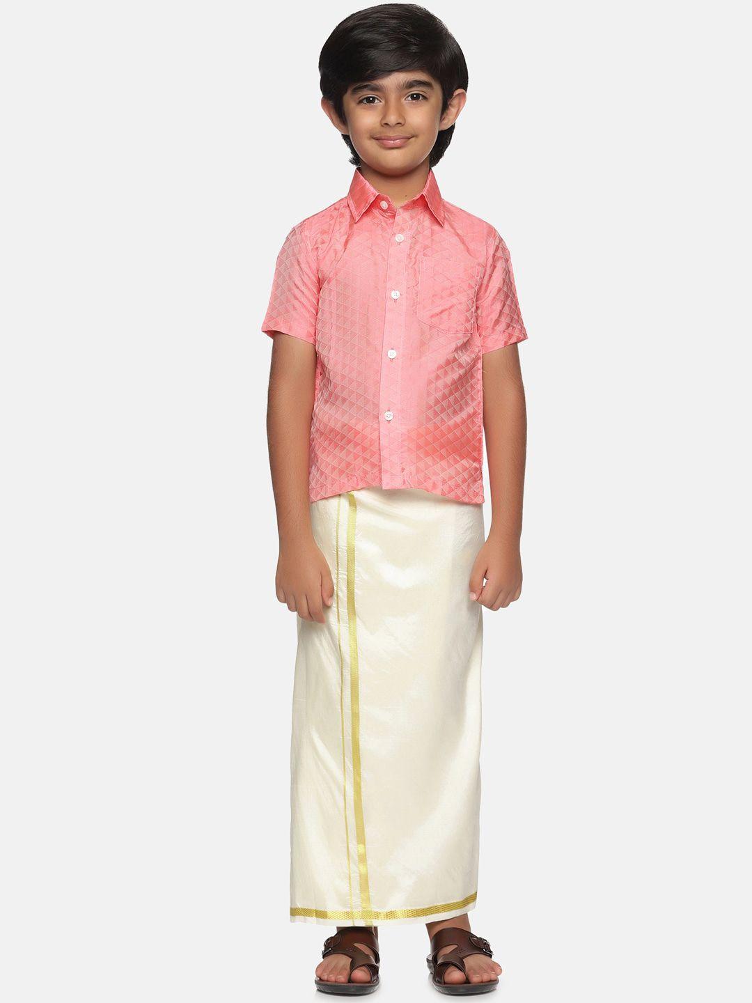 sethukrishna boys peach-coloured & off white shirt with dhoti