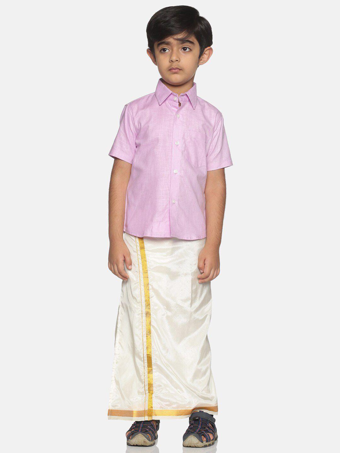 sethukrishna boys pink & white solid shirt with veshti set