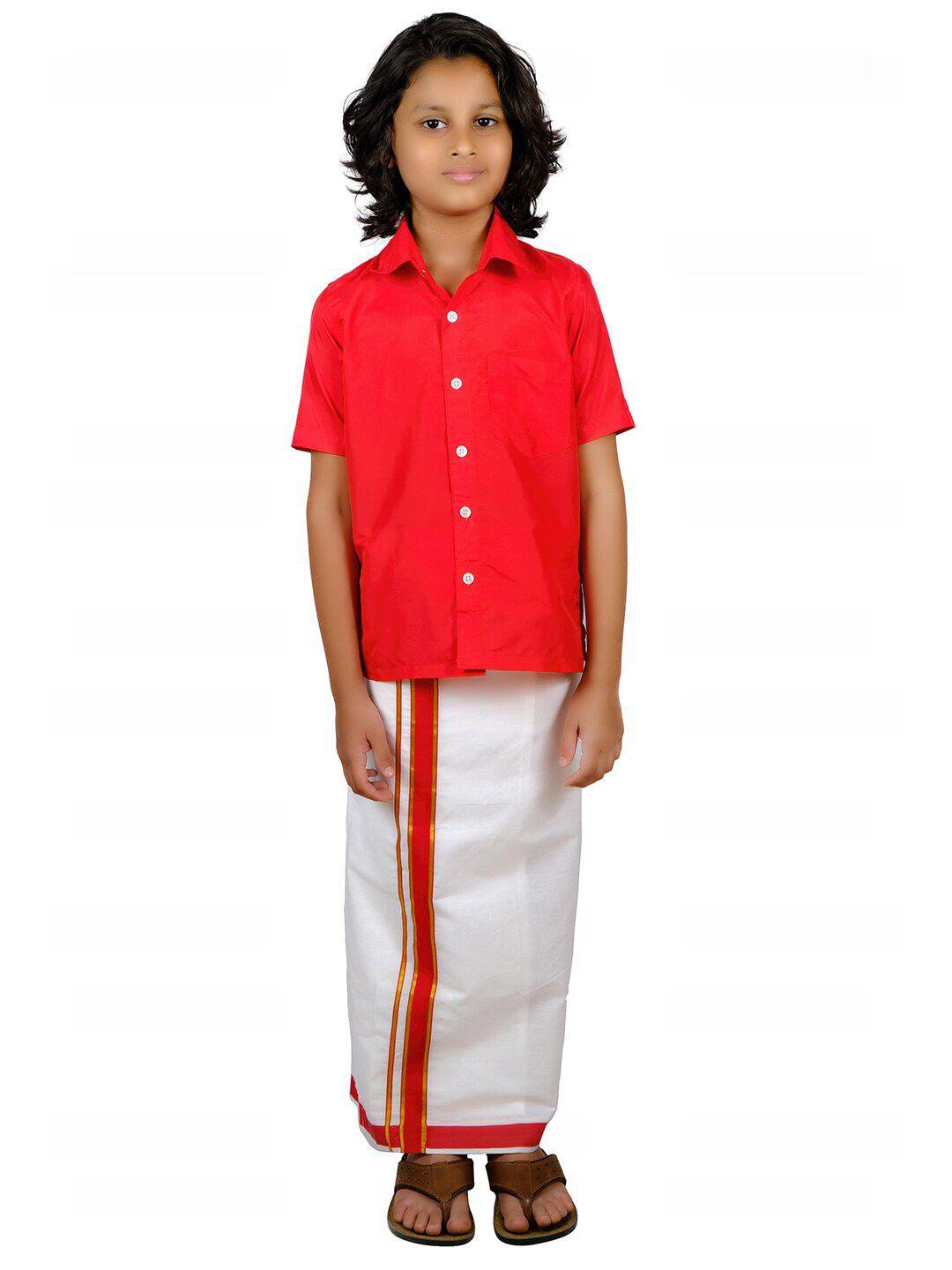 sethukrishna boys red solid shirt dhoti set