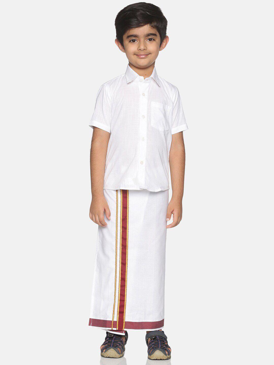 sethukrishna boys white & red pure cotton solid shirt and veshti set