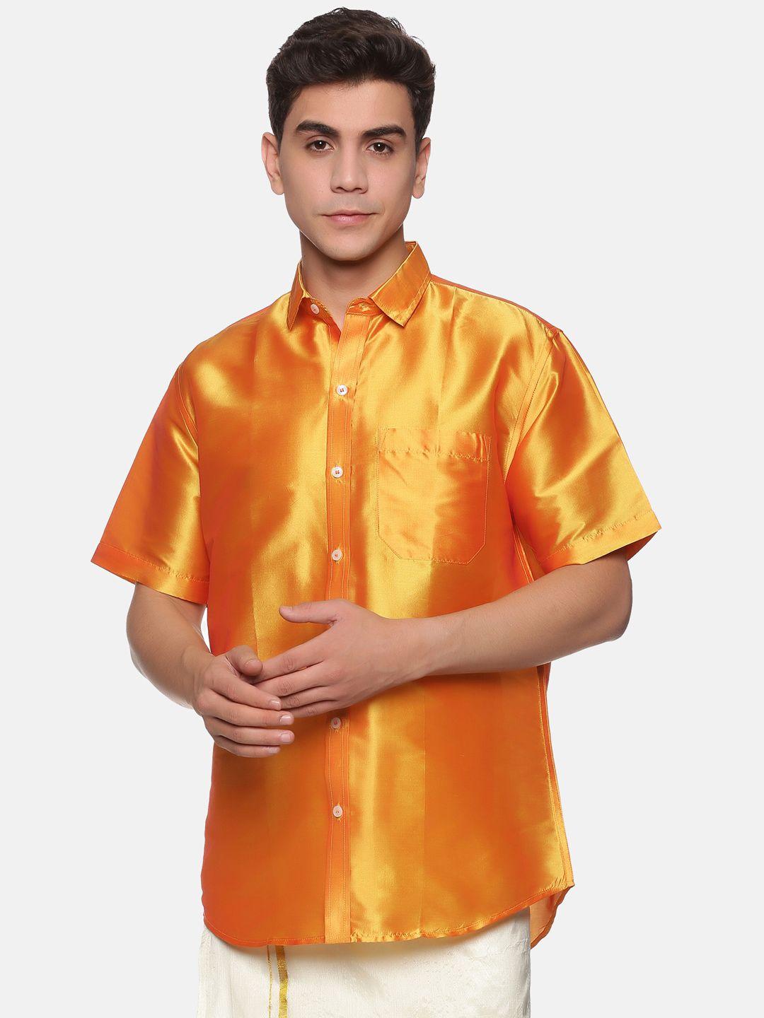 sethukrishna men orange silk standard casual shirt