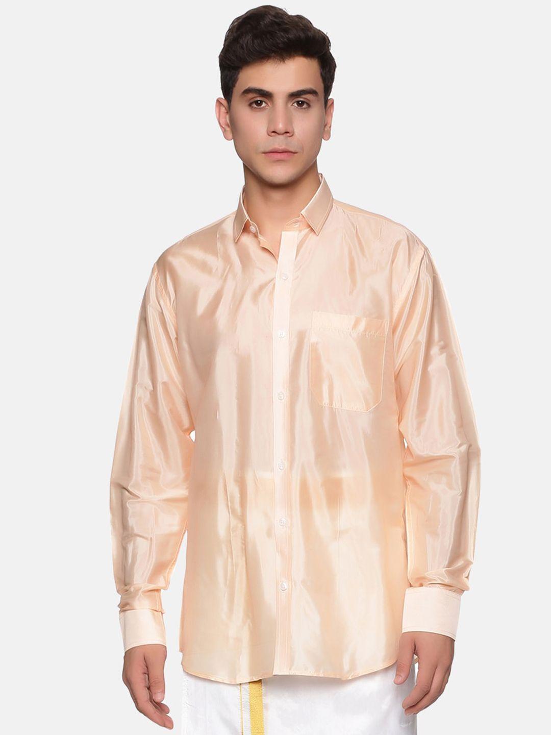 sethukrishna men peach-coloured standard silk casual shirt