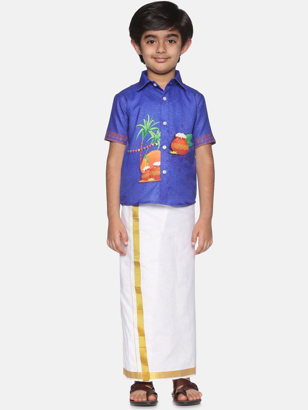 sethukrishna boys blue & white printed shirt with pure cotton dhoti set