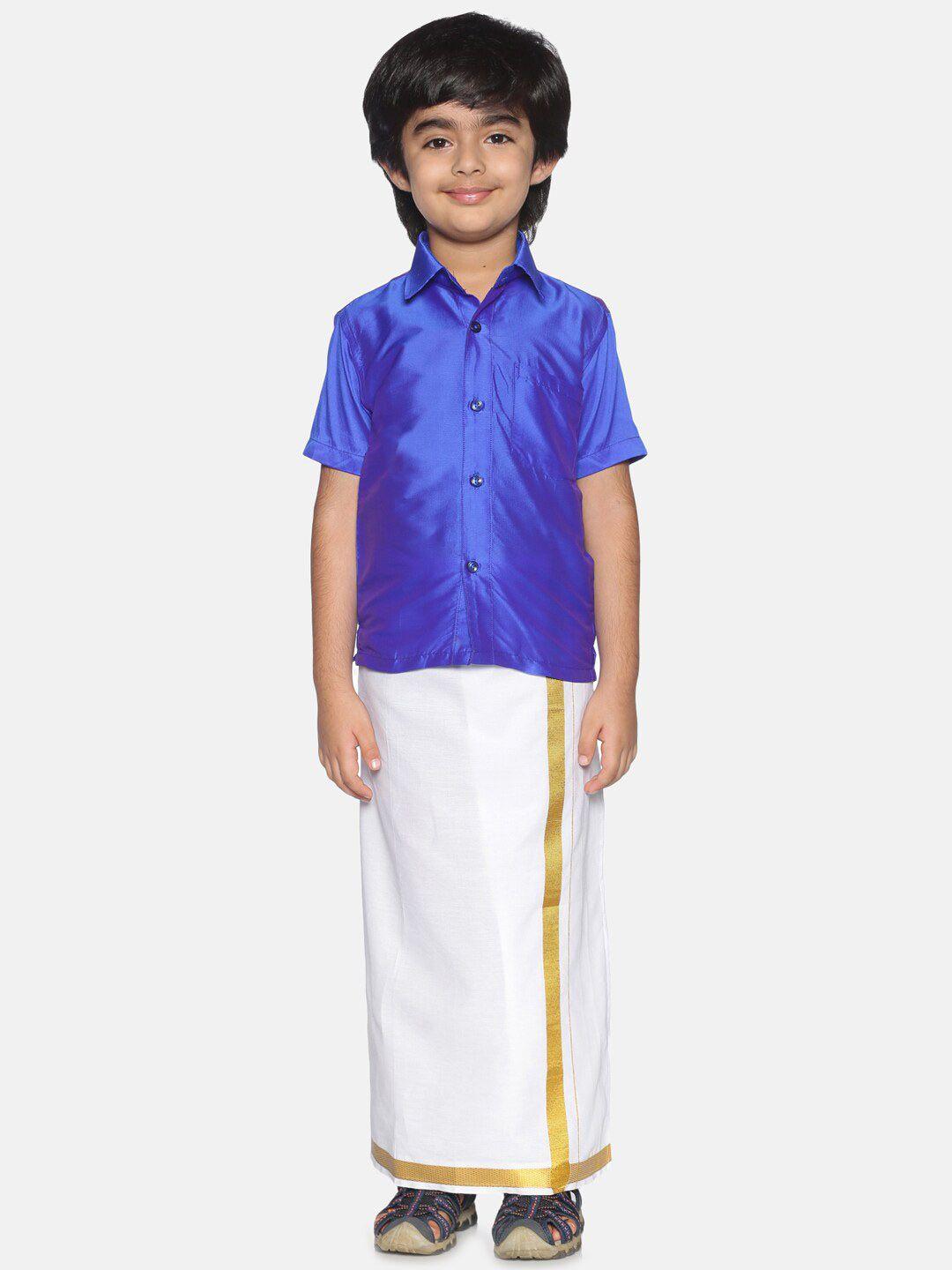 sethukrishna boys blue & white shirt with dhoti pants