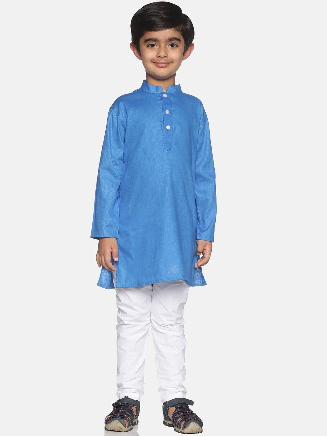 sethukrishna boys blue & white solid regular pure cotton kurta and pyjama set