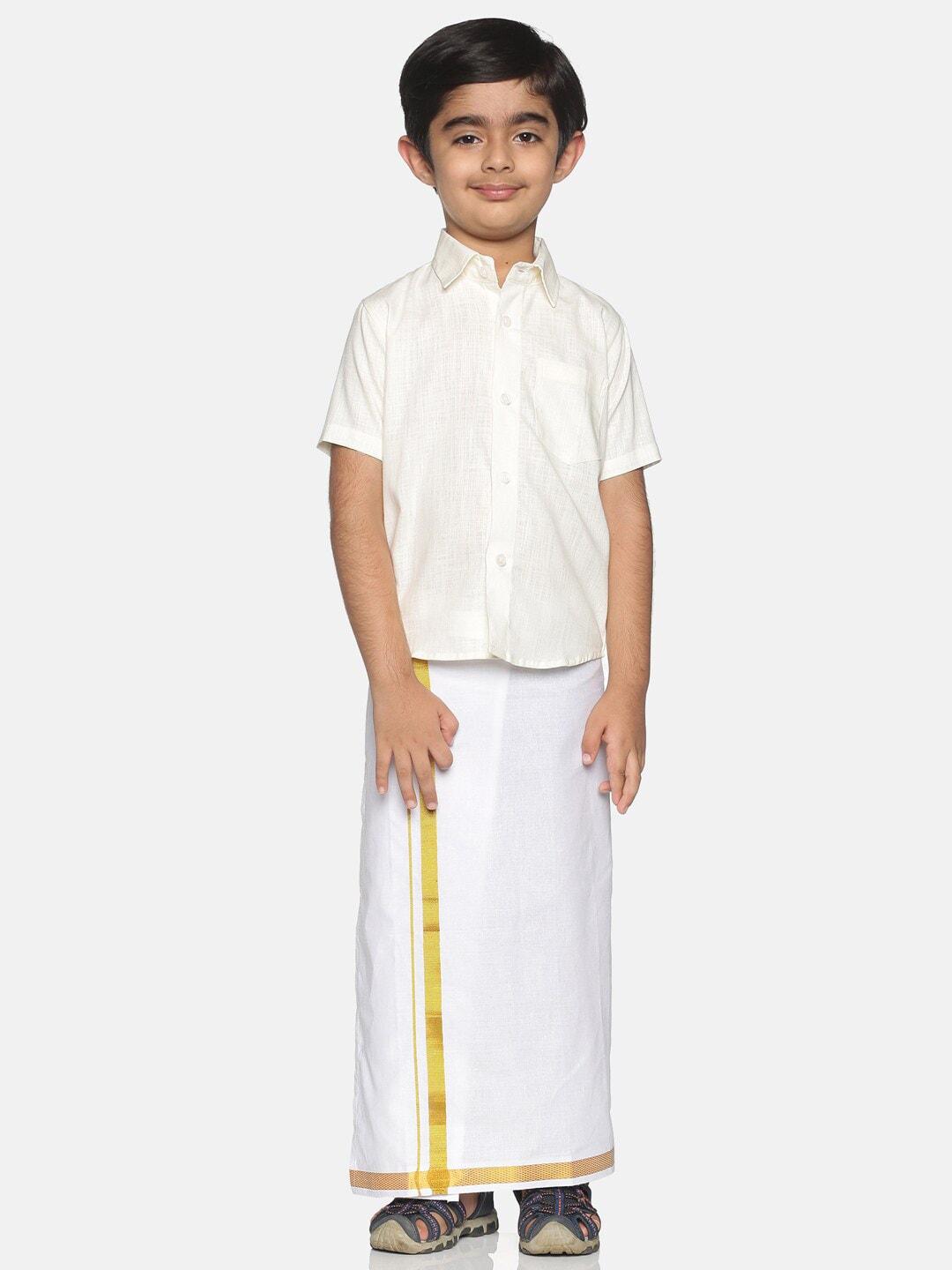 sethukrishna boys cream-coloured & white solid shirt and veshti set