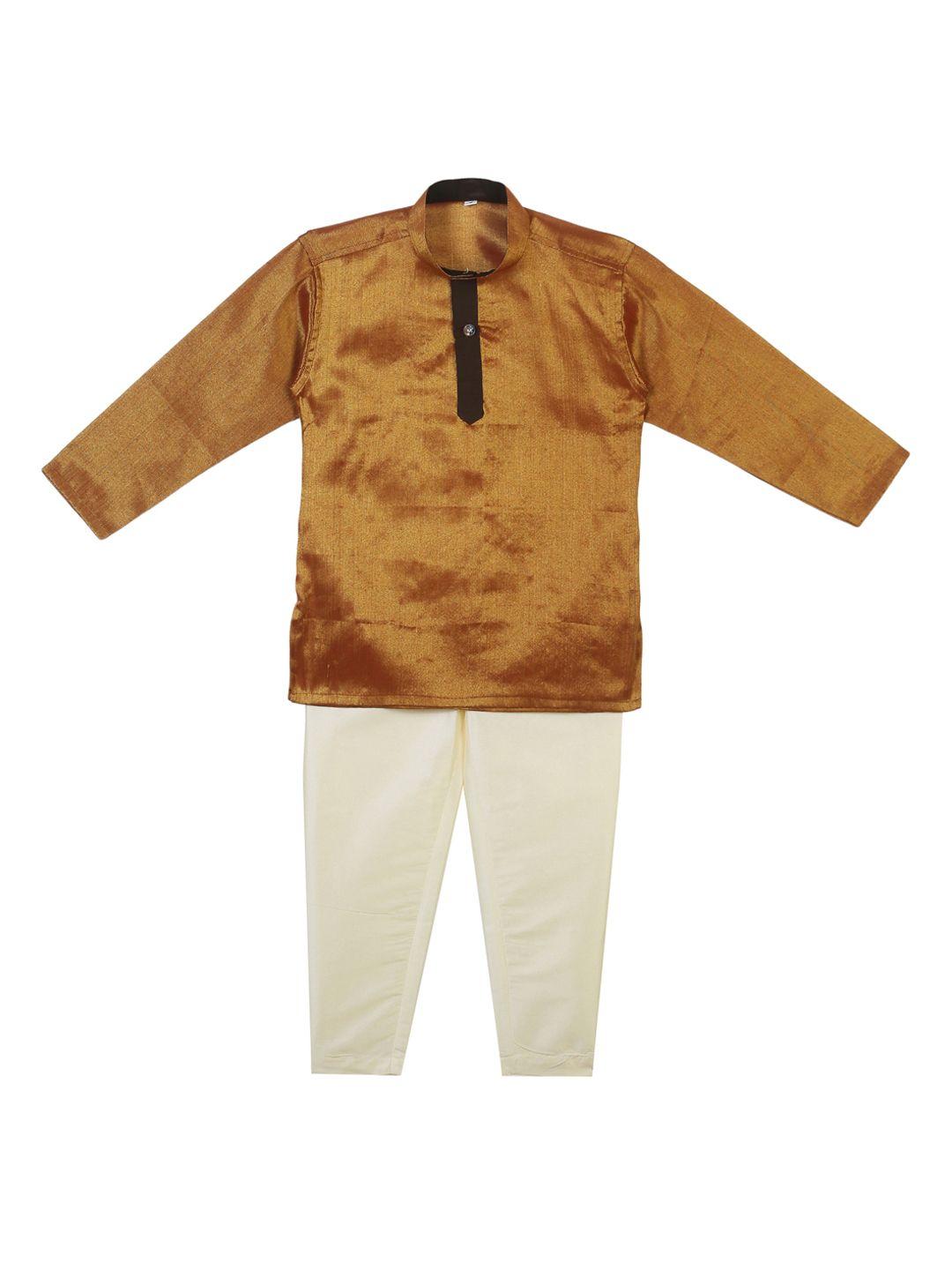 sethukrishna boys gold-toned & cream-coloured solid kurta with pyjamas