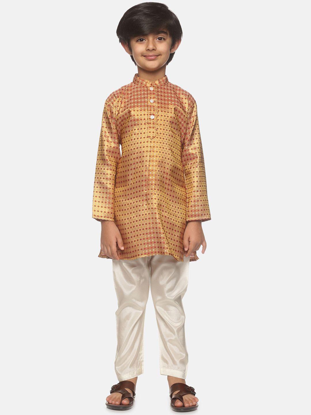 sethukrishna boys gold-toned & red printed kurta with pyjamas