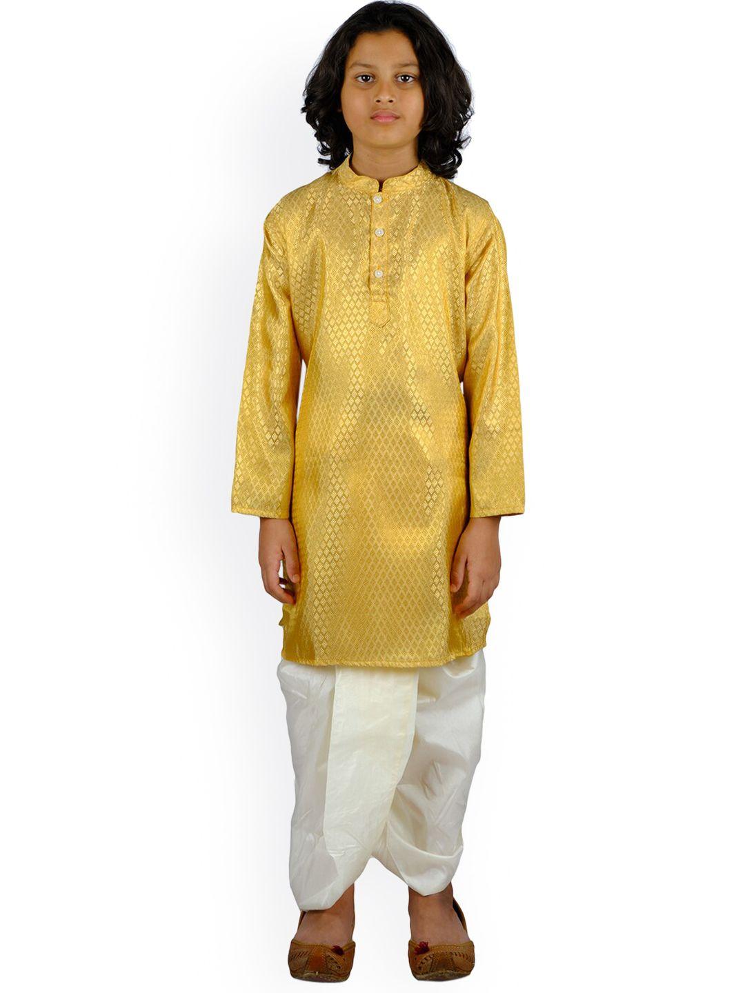 sethukrishna boys gold-toned & white printed kurta with dhoti pants