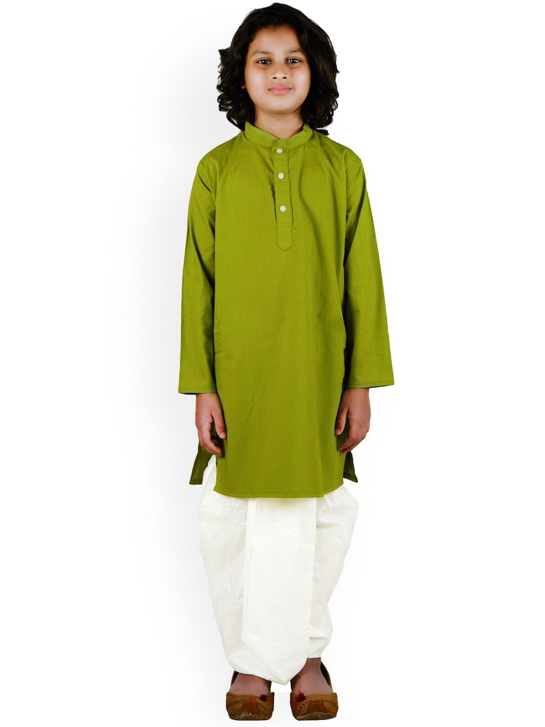 sethukrishna boys green pure cotton kurta with dhoti pant set