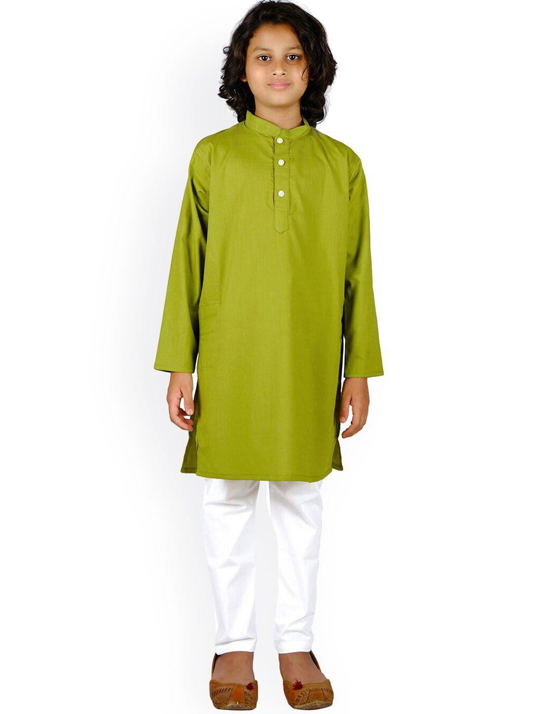 sethukrishna boys green solid pure cotton kurta set