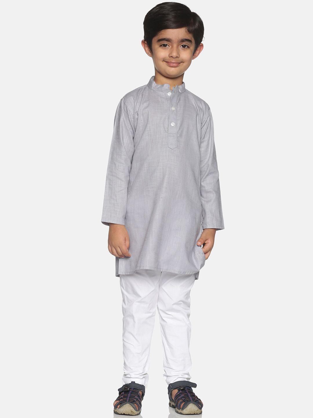 sethukrishna boys grey & white solid regular pure cotton kurta with pyjamas