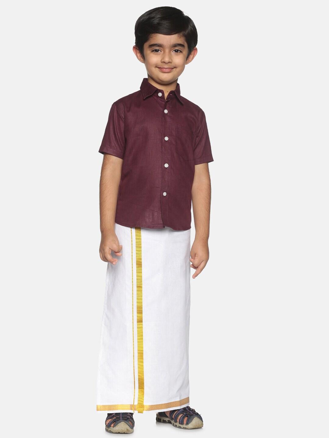 sethukrishna boys maroon & white pure cotton solid shirt and dhoti set